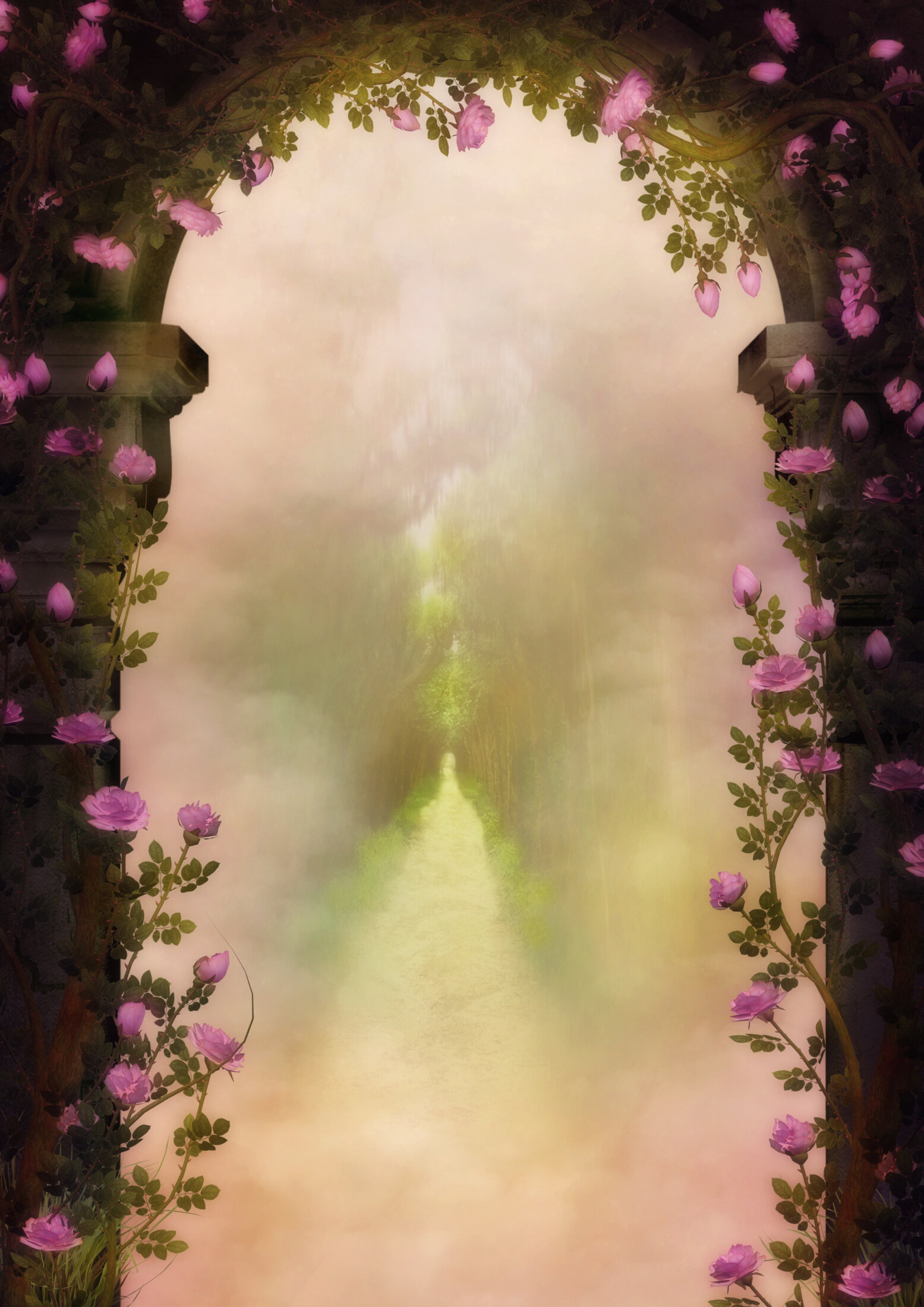 Torbogen mit Rosen in mystischen Hintergrund