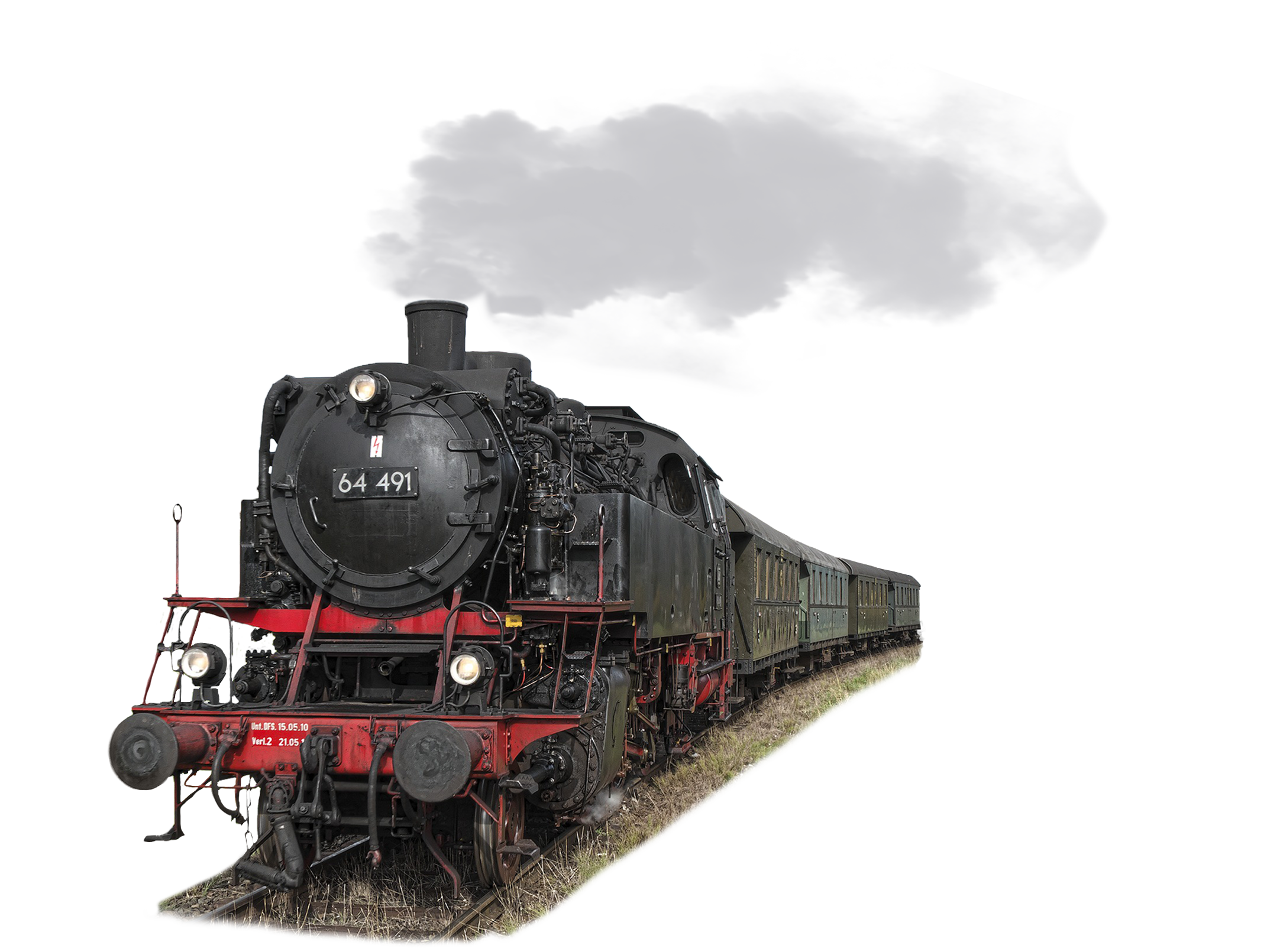 Dampflokomotive Tenderlok mit Abteilwagen und Dampf