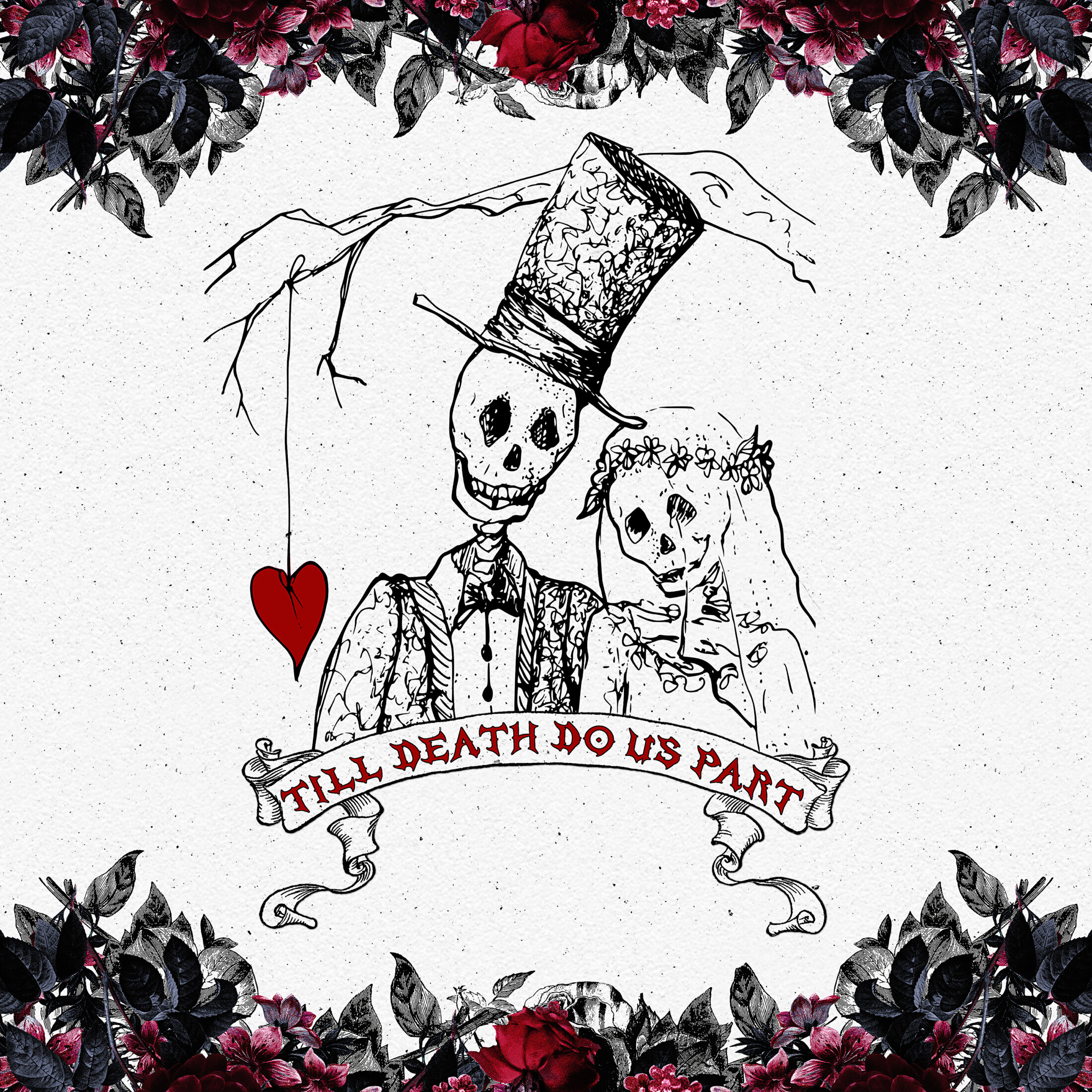 Dunkel romantische Hochzeitskarte mit einem Skelett-Brautpaar