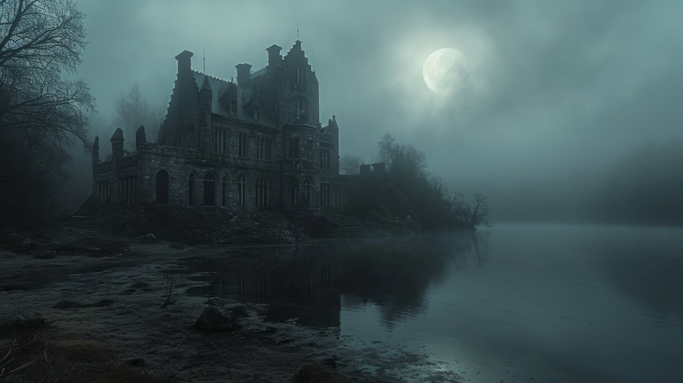 Alte Englische Villa im Nebel an einem See