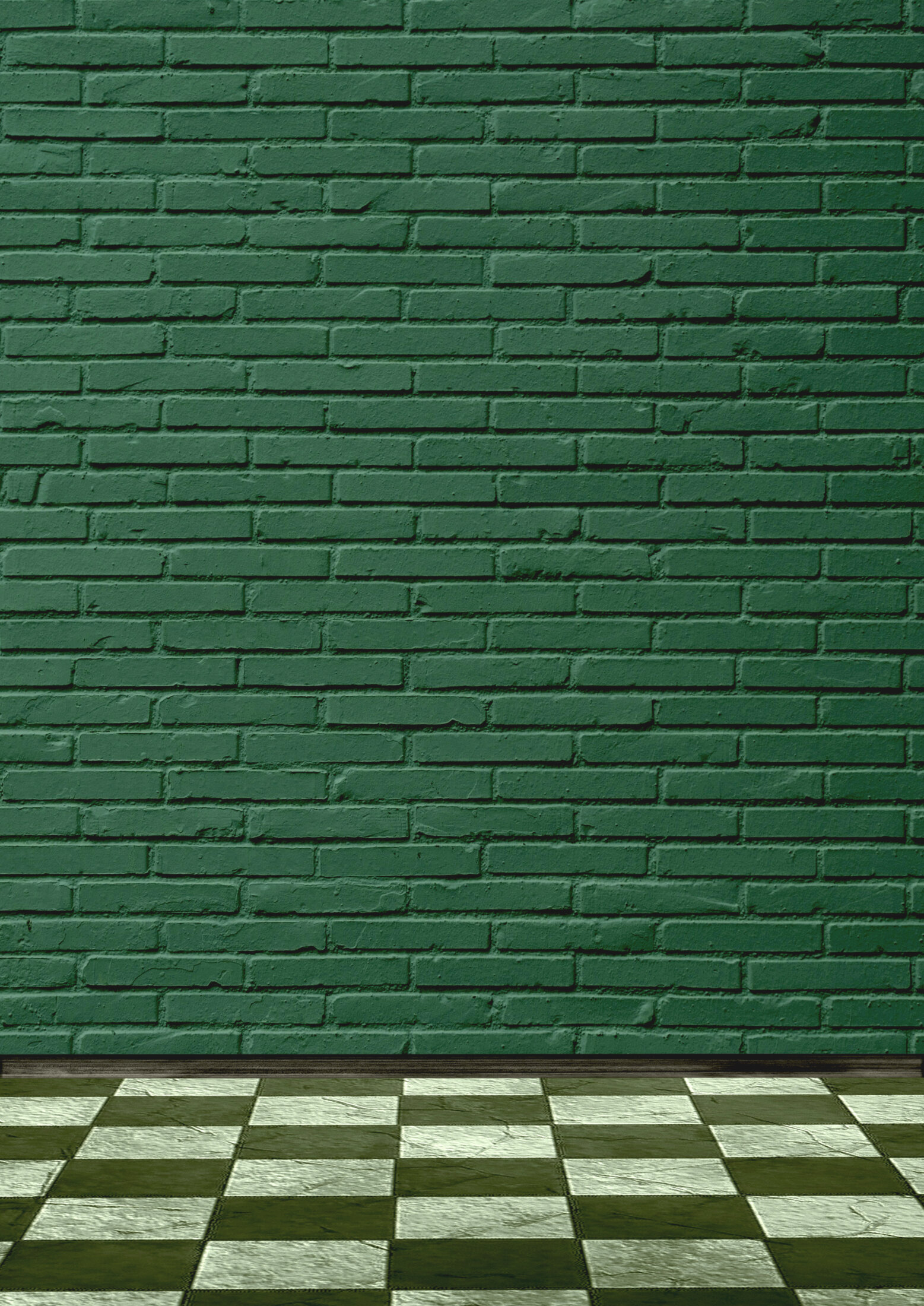 Hintergrund leere grüne Wand mit Ziegelsteinen und Holzboden