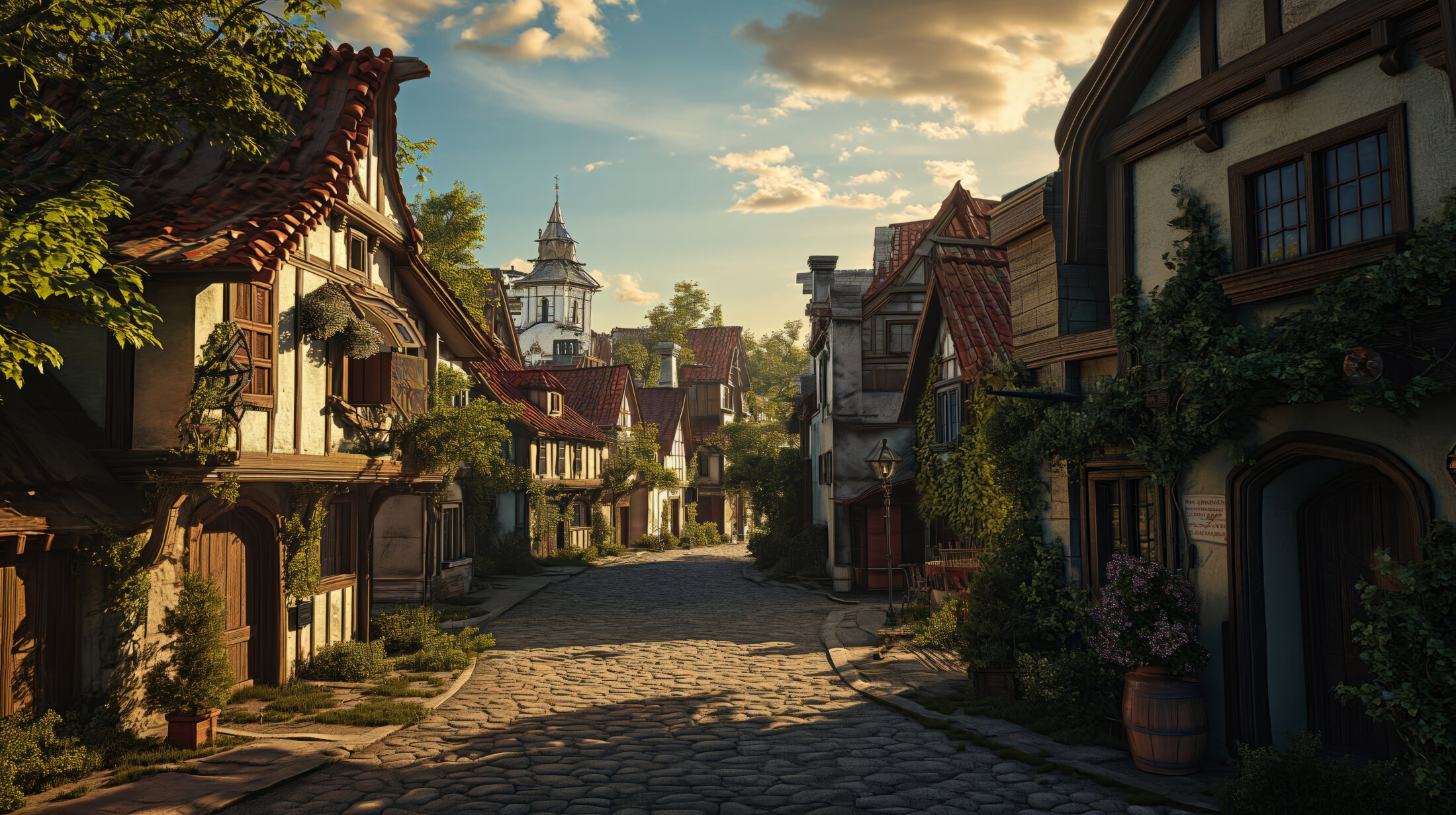 Mittelalter Dorf im Sonnenlicht Hintergrundbild