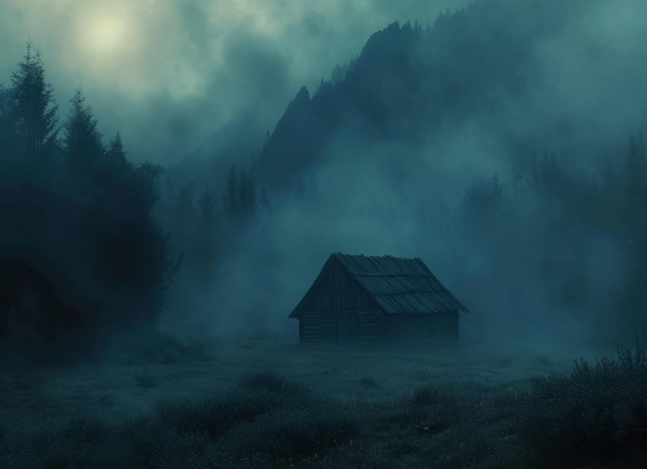 Versteckte Holzhütte im Nebel in einem Wald