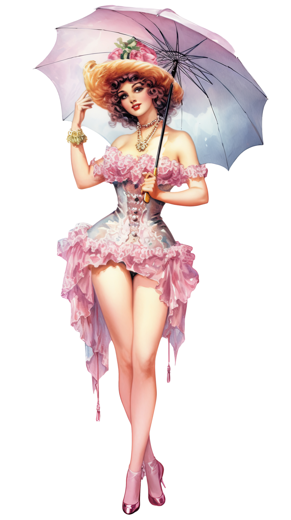 Vintage hübsche Dame im kurzen Kleid mit Schirm und Hut