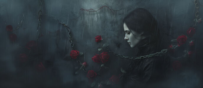 Melancholisches Goth Hintergrundbild mit einer jungen Frau von einer Stahlkette und roten Rosen umgeben