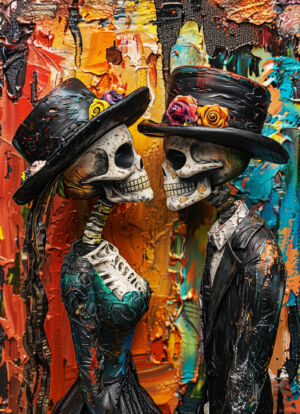 Abstraktes Goth Hochzeitsbild Skelett Brautpaar Impasto Öl