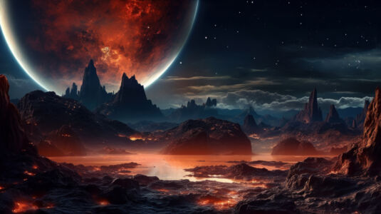 Fremder Planet mit Lava-Bergen