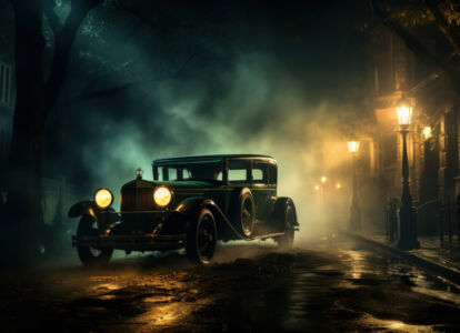 Oldtimer in einem mystischen Hintergrund mit Licht und Nebel