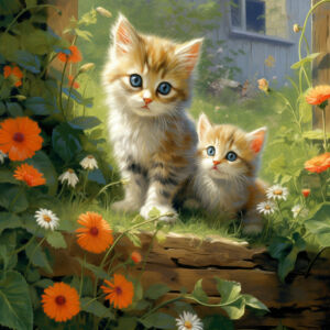 Kleine Kätzchen im Garten zwischen Blumen