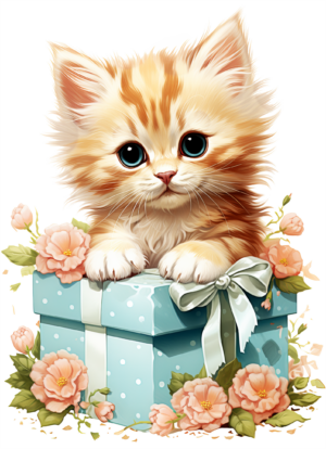 Kitten mit Geschenk und Blumen 