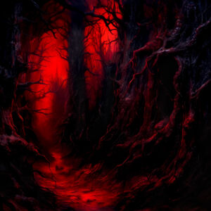 Dunkel-Rot glühender unheimlicher Waldweg 