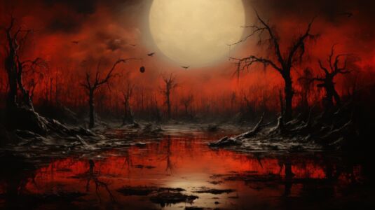 Dystopischer Wald im Mondschein schwarz-rot