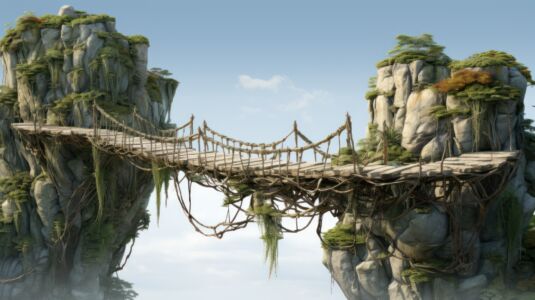 Holzbrücke zwischen hohen Felsen 