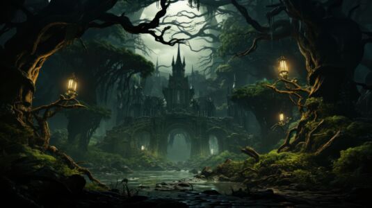 Fantasie Hintergrundbild Wald Mit Ruine