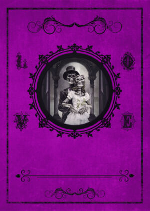 Goth Hochzeitskarte violettmit Skelett-Brautpaar 