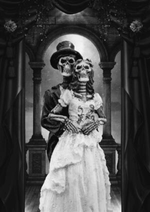 Gothic Hochzeit mit Skeletten schwarzweiß