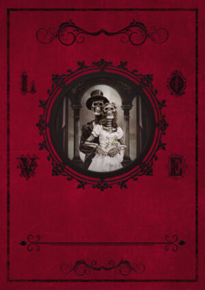 Goth Hochzeitskarte dunkelrot mit Skelett-Brautpaar 