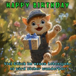 Happy Birthday mit einer fröhlichen Katze und Geschenk mit Herzen und Schleife