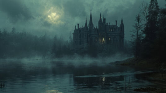 Unheimliche Burg im Nebel am See 