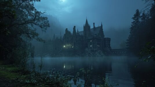 Mystisches Hintergrundbild mit Villa im Nebel am See