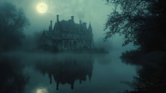 Englische Villa am See im Nebel mit Mond