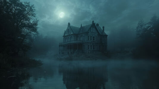 Villa im Nebel an einem See