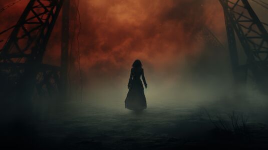 Frau im Nebel in unwirklicher Umgebung