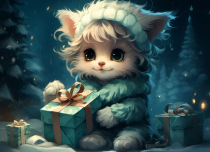 Niedliche Katze im Winter mit Geschenk 