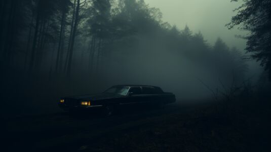 Auto mit schwacher Beleuchtung in der Dunkelheit im Wald