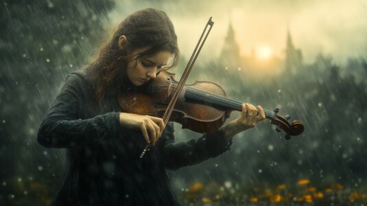 Musik Hintergrundbild - Frau spielt Geige in schöner Landschaft