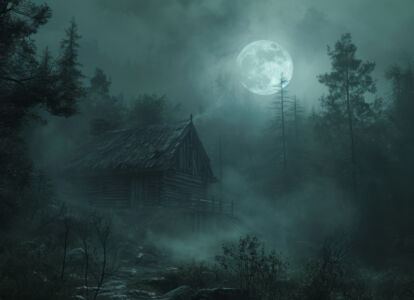Alte Holzhütte im Nebel im finsteren Wald