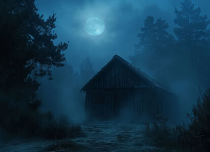 Mystisches Holzhaus mit Nebel im Wald