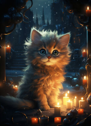 Zauberhaftes Kätzchen umgeben von Kerzen
