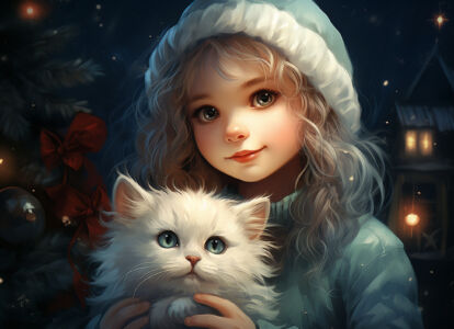 Mädchen Mit Katze In Weihnachtlicher Stimmung