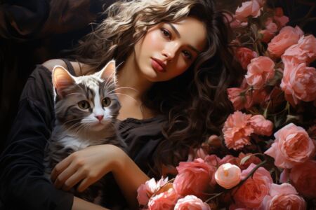 Romantische Lady mit Katze in Rosen gebettet