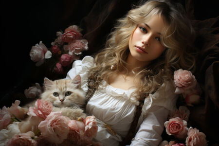 Blonde Schönheit mit Katze und Rosen