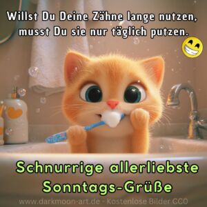 Katze beim Zähneputzen und lustigen Spruch zum Sonntag