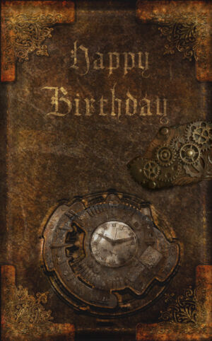 Steampunk Lederbuch mit Monduhr - Happy Birthday - Geburtstagskarte