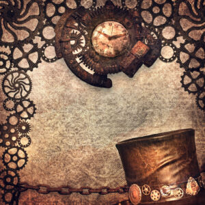 Steampunk Hintergrund mit Monduhr und Zylinderhut - quadratisch