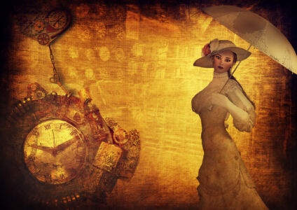 Steampunk Art Victorian Lady mit Schirm und Monduhr