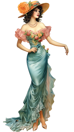 Vintage Dame im aufwendigen Kleid und Blumenhut