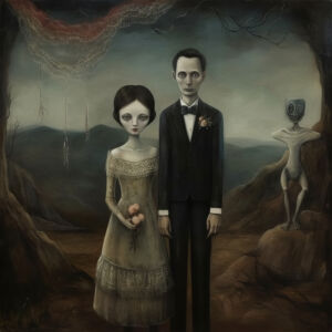 Vintage Surreal Painting  mit einem seltsamen Hochzeitspaar