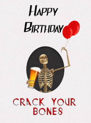 Skelett mit Bier und Luftballons - Geburtstagskarte kostenlos