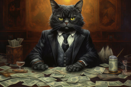 Schwarze Katze im Anzug zählt Geld