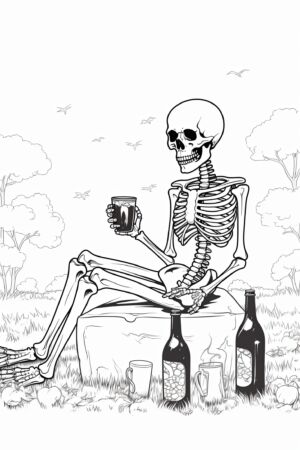 Skelett auf einem Grab trinkt Bier