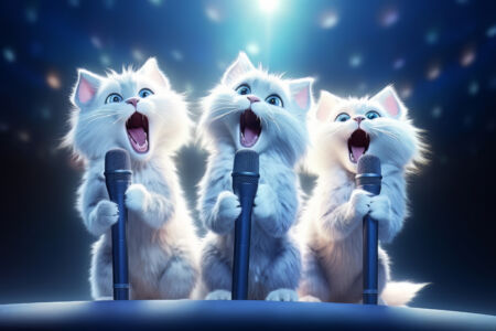 3 singende weisse Katzen auf der Buehne