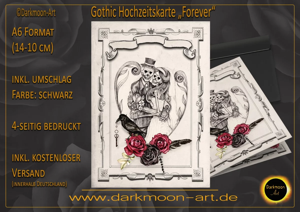 Vierseitige Gothic Hochzeitskarte mit Skelettbrautpaar und Rabe